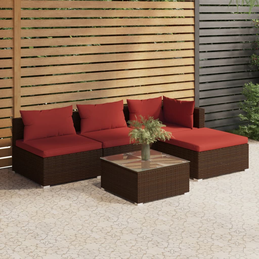 Vetonek Set muebles de jardín 5 piezas y cojines ratán sintético marrón