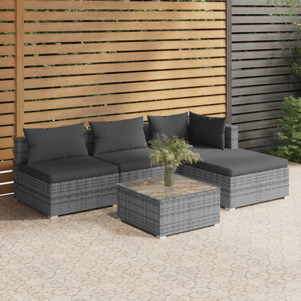 Vetonek Set de muebles de jardín 5 pzas y cojines ratán sintético gris