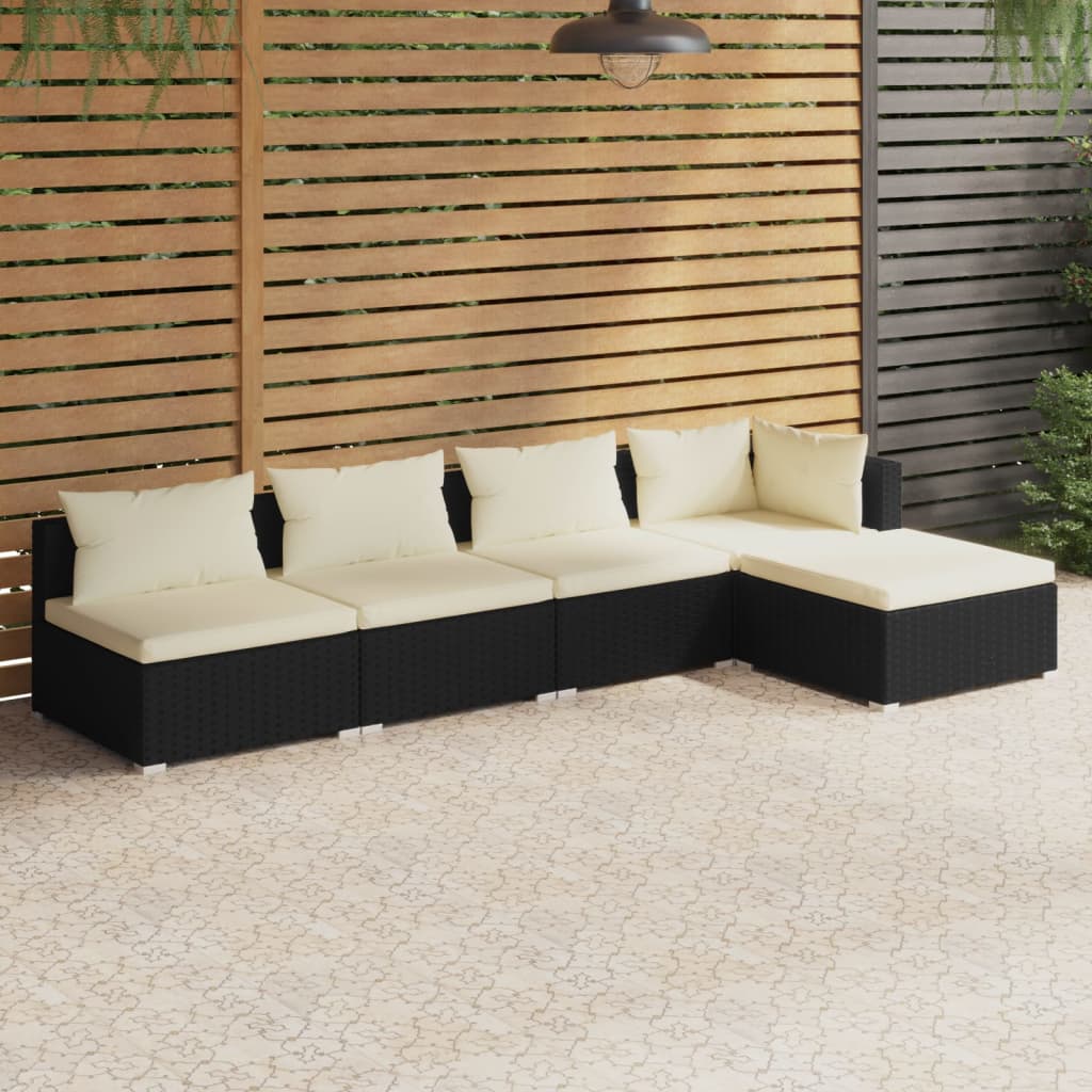 Vetonek Set de muebles de jardín 5 pzas y cojines ratán sintético negro