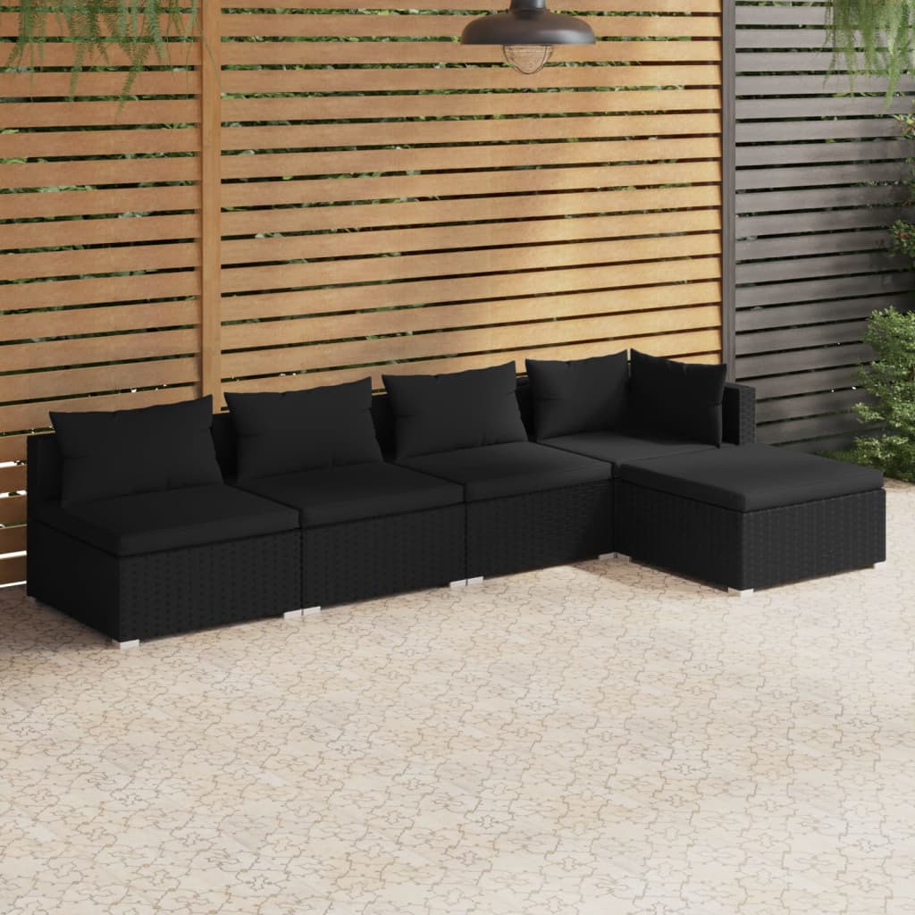 Vetonek Set de muebles de jardín 5 pzas y cojines ratán sintético negro