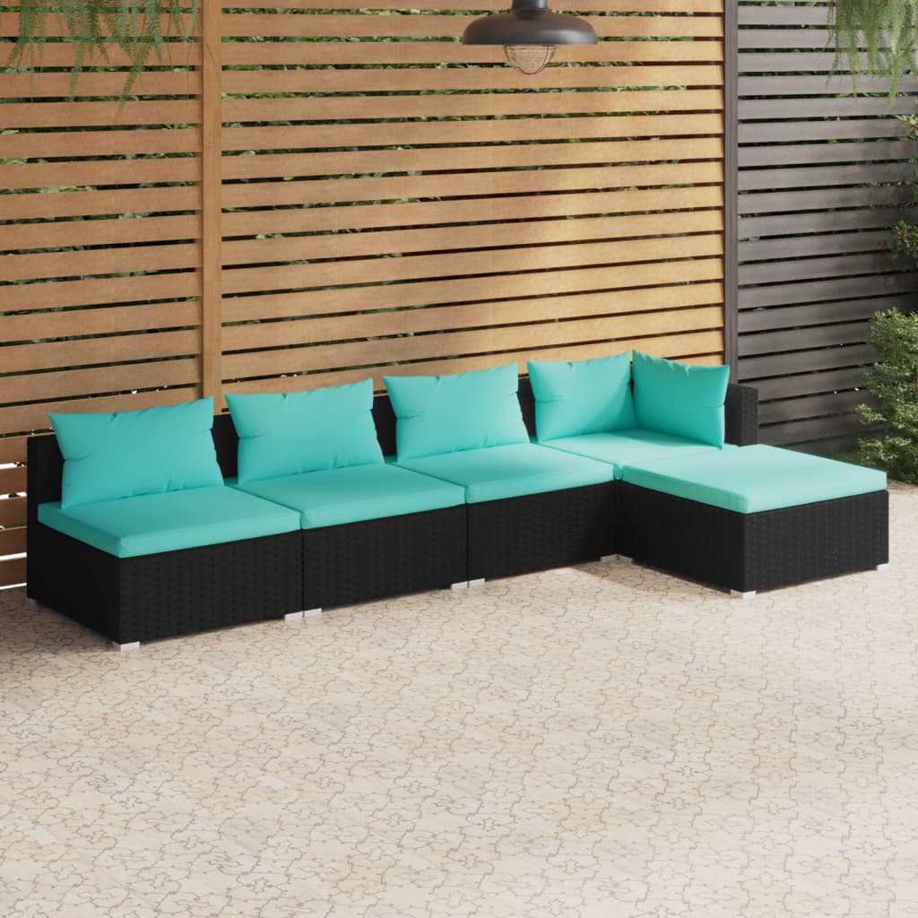 Vetonek Set de muebles de jardín 5 pzas y cojines ratán sintético negro