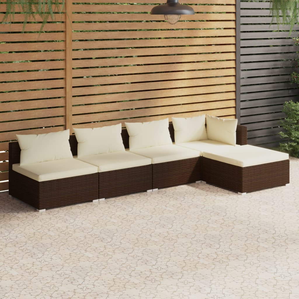 Vetonek Set muebles de jardín 5 piezas y cojines ratán sintético marrón