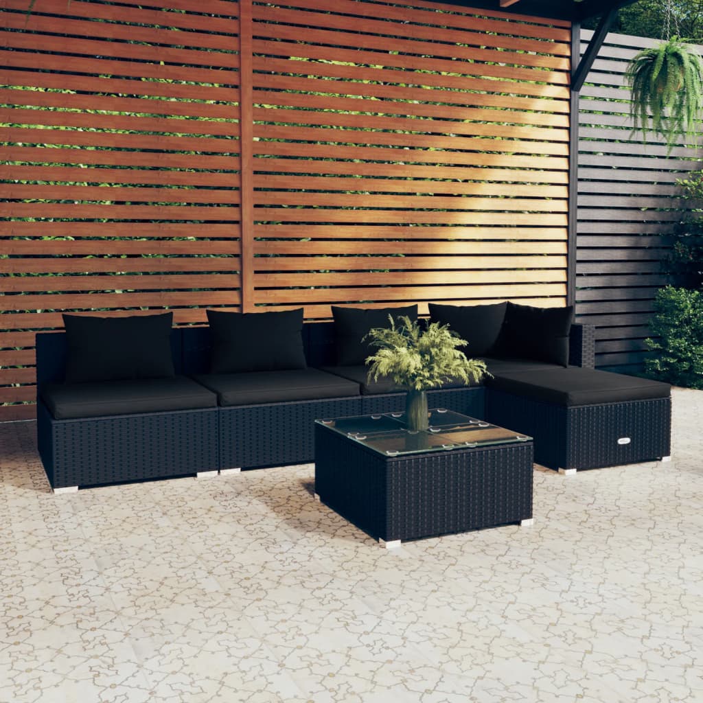 Vetonek Set de muebles de jardín 6 pzas y cojines ratán sintético negro