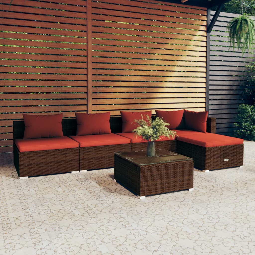 Vetonek Set muebles de jardín 6 piezas y cojines ratán sintético marrón