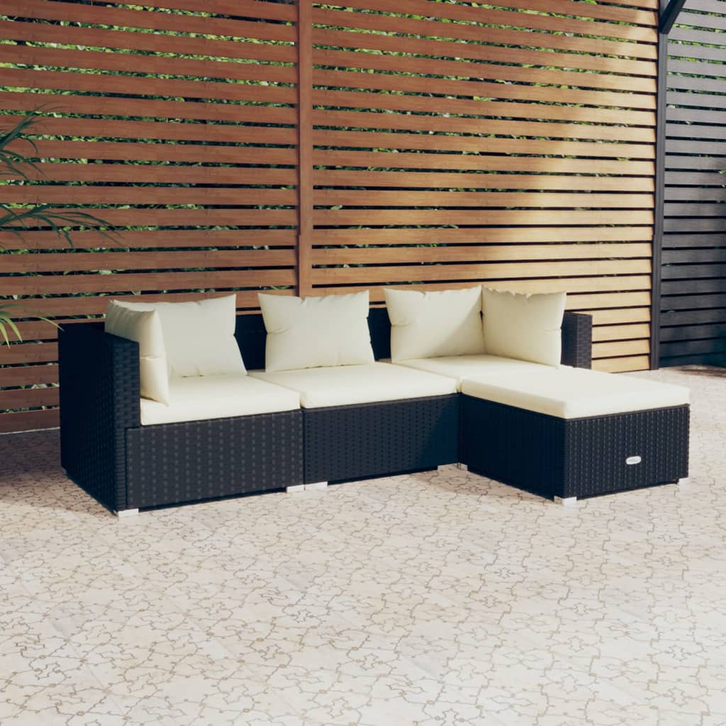 Vetonek Set de muebles de jardín 4 pzas y cojines ratán sintético negro