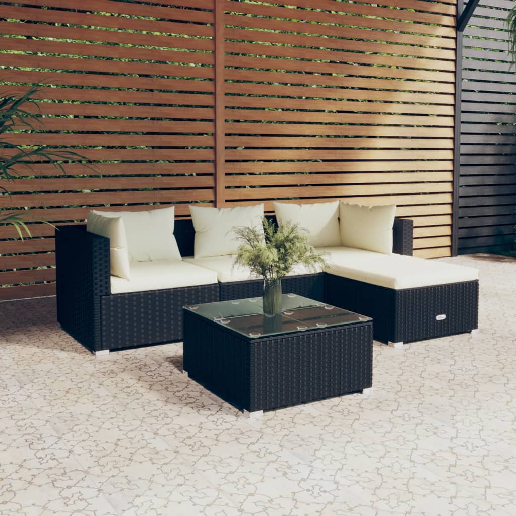 Vetonek Set de muebles de jardín 5 pzas y cojines ratán sintético negro