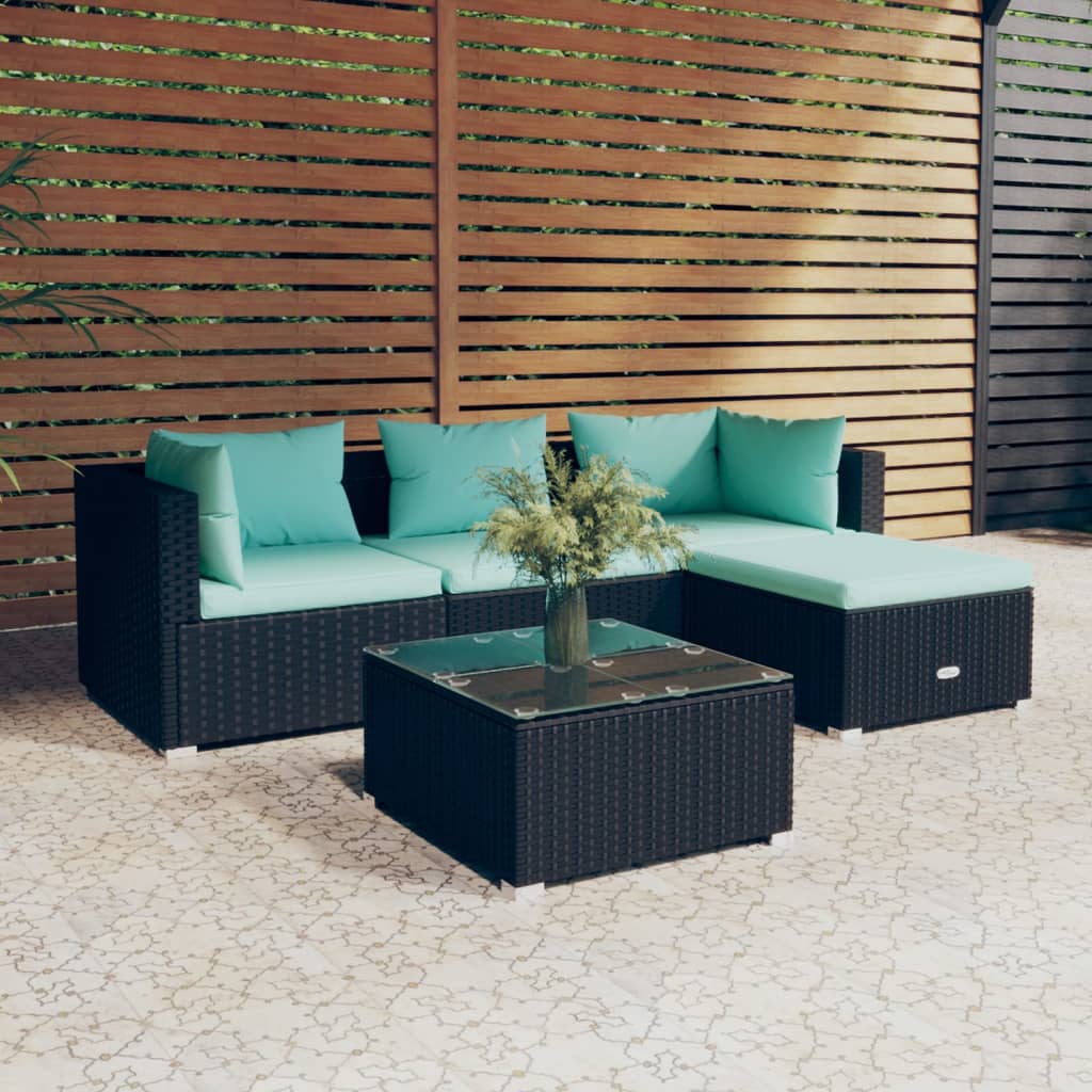 Vetonek Set de muebles de jardín 5 pzas y cojines ratán sintético negro