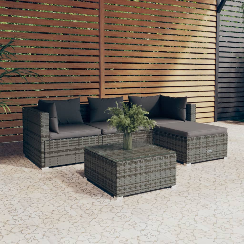 Vetonek Set de muebles de jardín 5 pzas y cojines ratán sintético gris