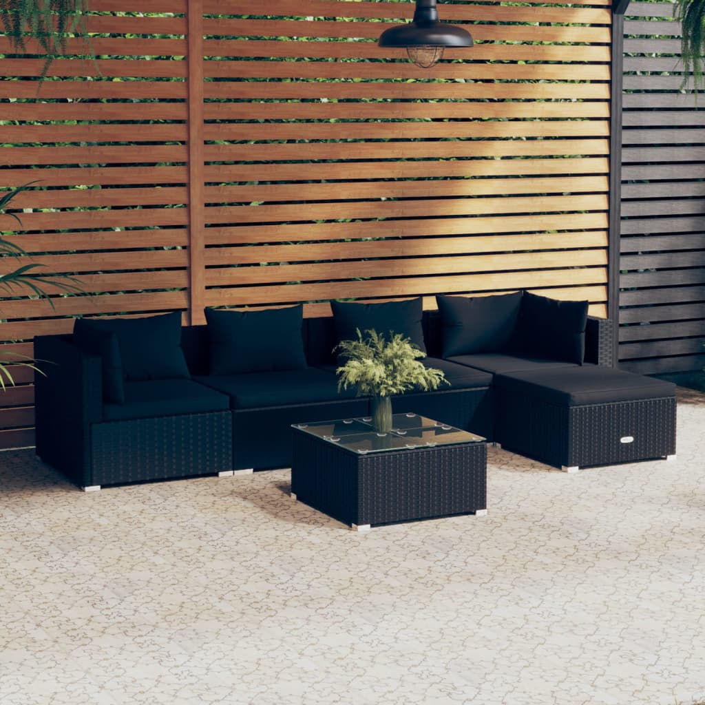 Vetonek Set de muebles de jardín 6 pzas y cojines ratán sintético negro