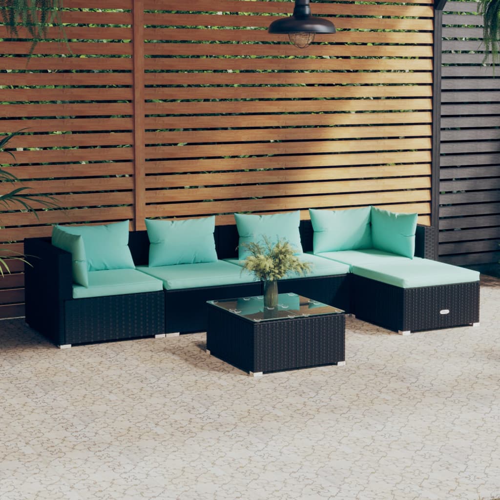 Vetonek Set de muebles de jardín 6 pzas y cojines ratán sintético negro