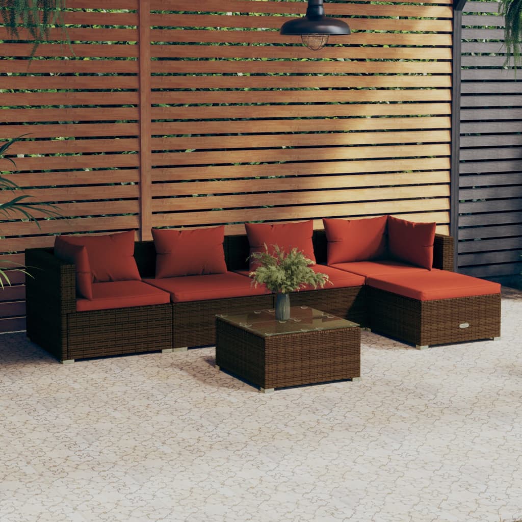 Vetonek Set muebles de jardín 6 piezas y cojines ratán sintético marrón