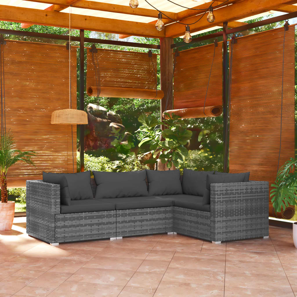 Vetonek Set muebles de jardín 4 piezas y cojines ratán sintético gris