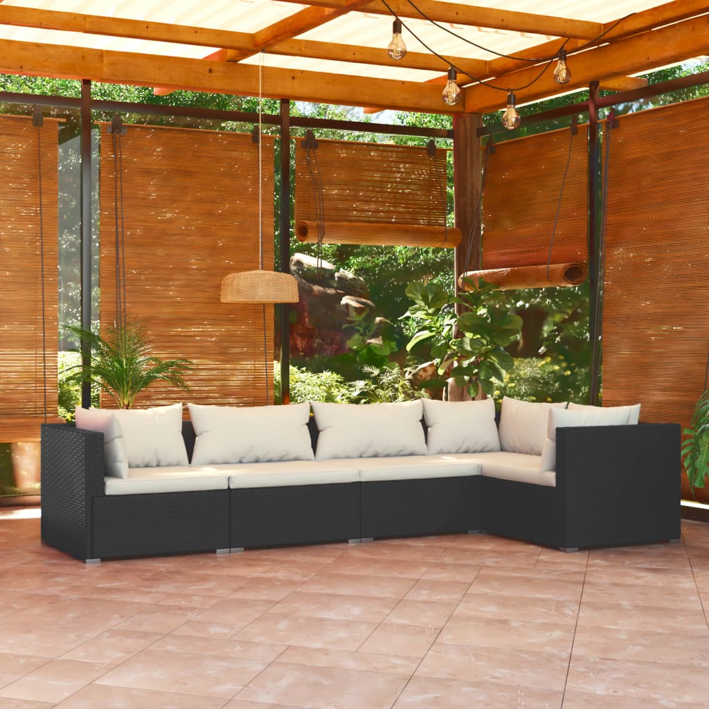 Vetonek Set de muebles de jardín 5 pzas y cojines ratán sintético negro