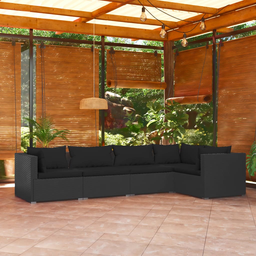 Vetonek Set de muebles de jardín 5 pzas y cojines ratán sintético negro