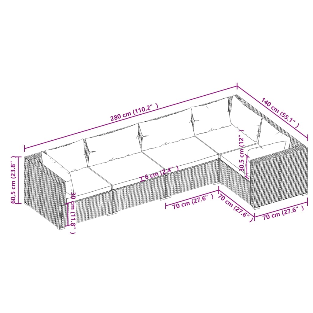 Set de muebles de jardín 5 pzas y cojines ratán sintético negro vidaXL