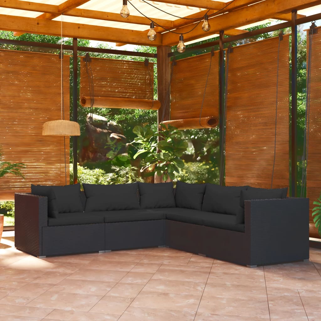 Vetonek Set de muebles de jardín 5 pzas y cojines ratán sintético negro