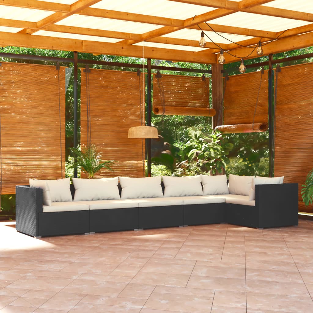 Vetonek Set de muebles de jardín 6 pzas y cojines ratán sintético negro