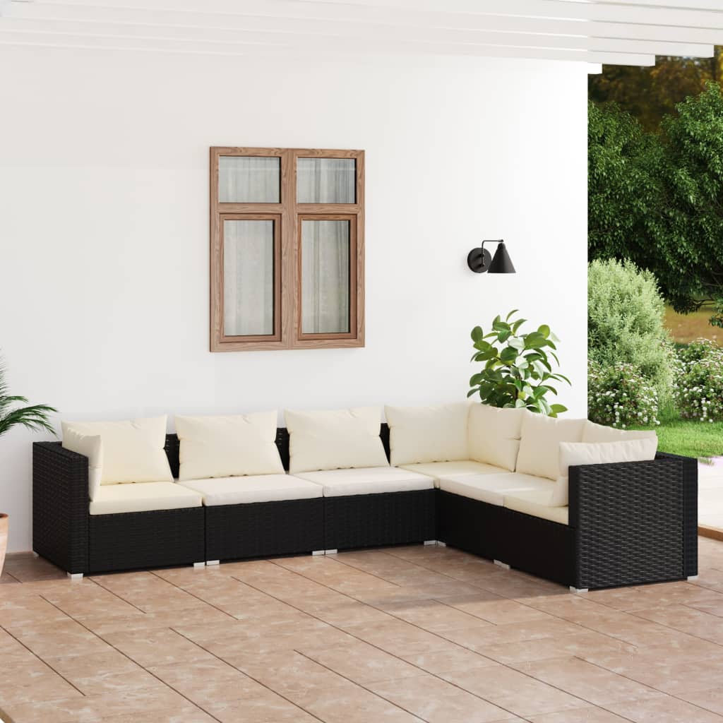 Vetonek Set de muebles de jardín 6 pzas y cojines ratán sintético negro