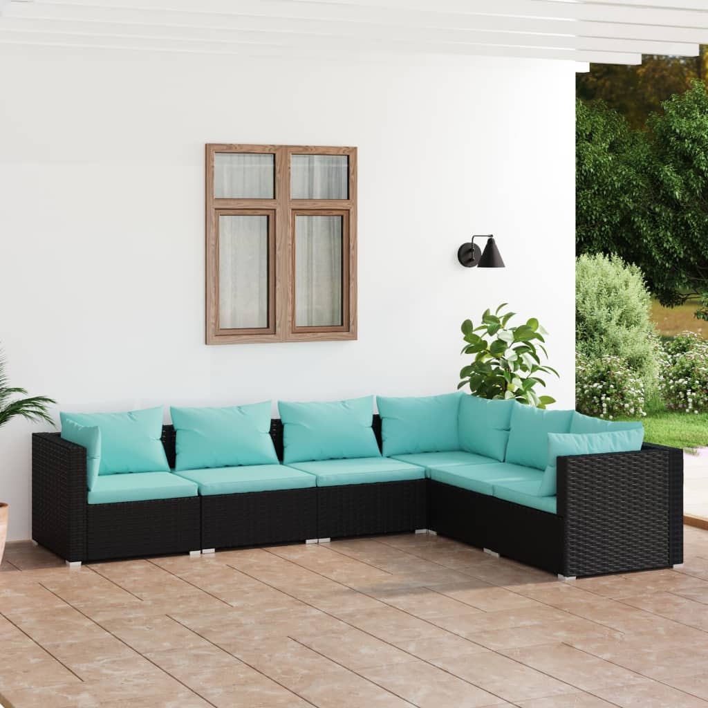 Vetonek Set de muebles de jardín 6 pzas y cojines ratán sintético negro