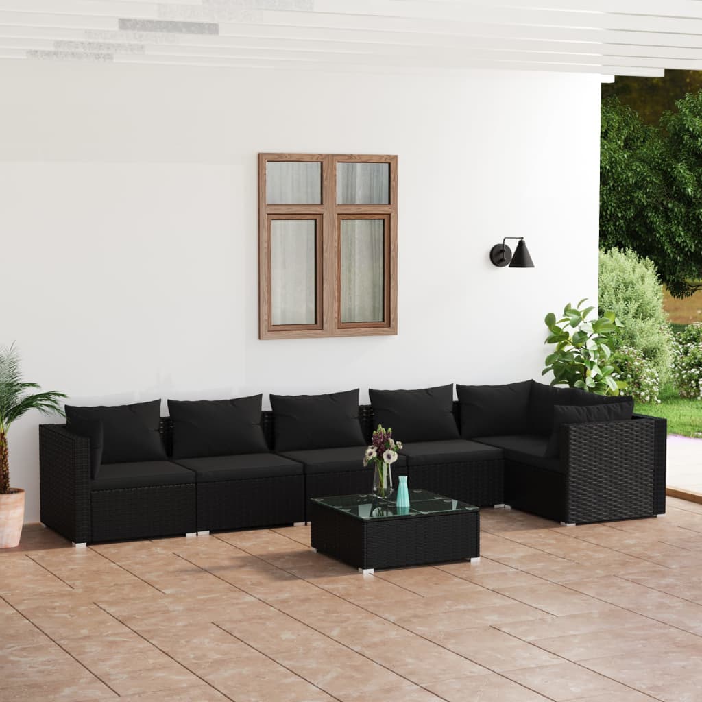 Vetonek Set de muebles de jardín 7 pzas y cojines ratán sintético negro