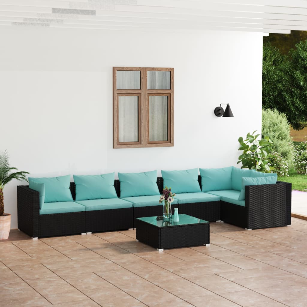 Vetonek Set de muebles de jardín 7 pzas y cojines ratán sintético negro