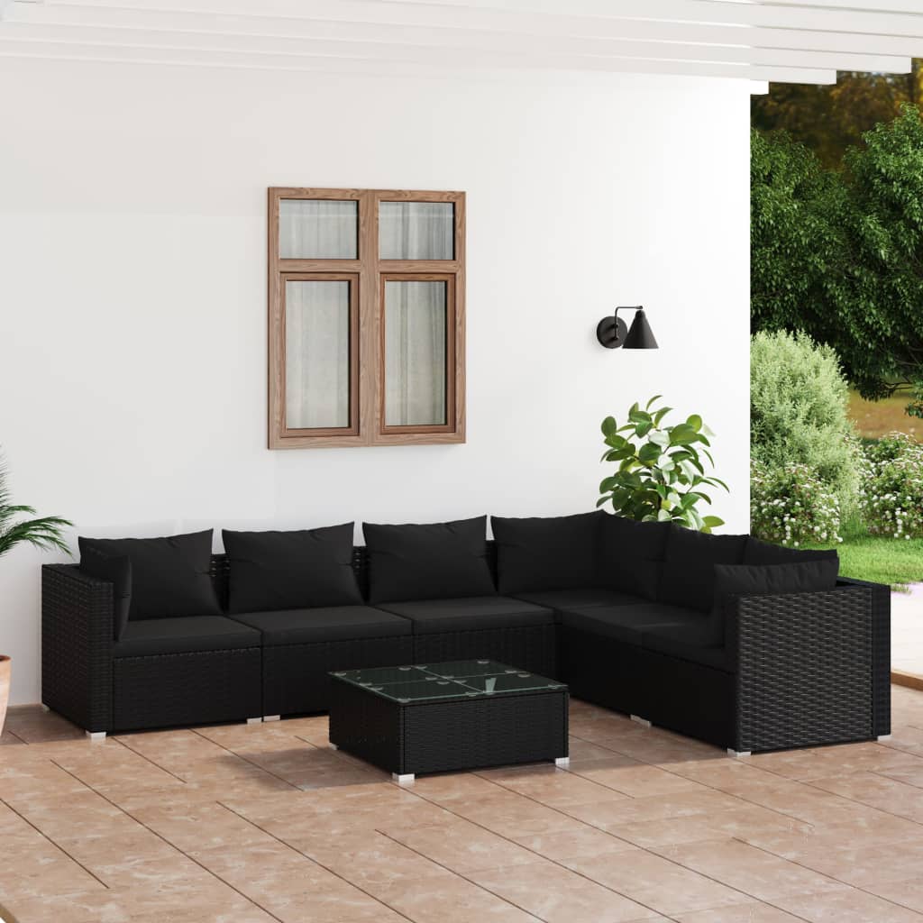 Vetonek Set de muebles de jardín 7 pzas y cojines ratán sintético negro