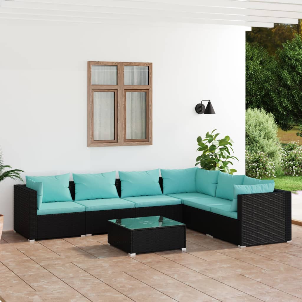 Vetonek Set de muebles de jardín 7 pzas y cojines ratán sintético negro