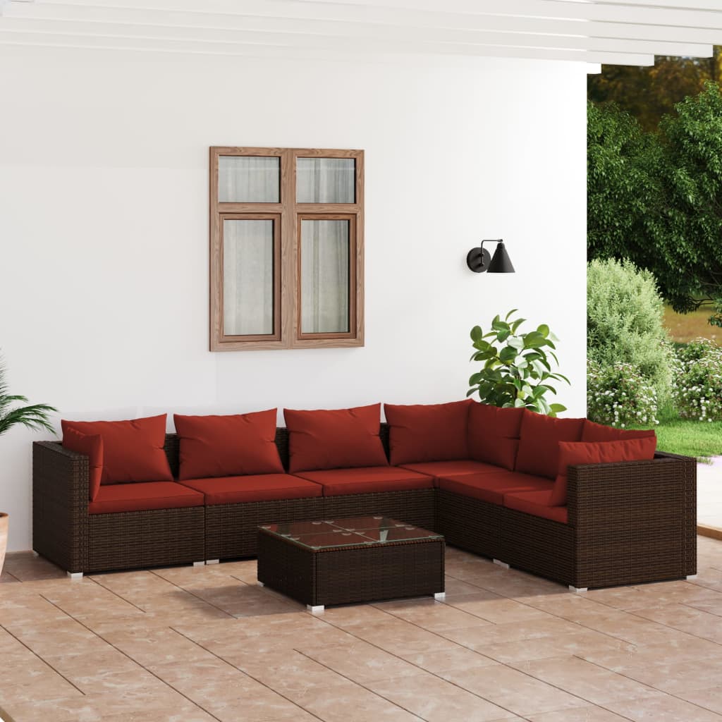 Set muebles de jardín 7 piezas y cojines ratán sintético marrón