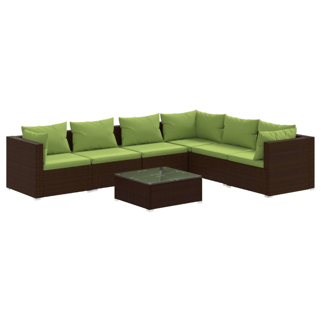 Set muebles de jardín 7 piezas y cojines ratán sintético marrón