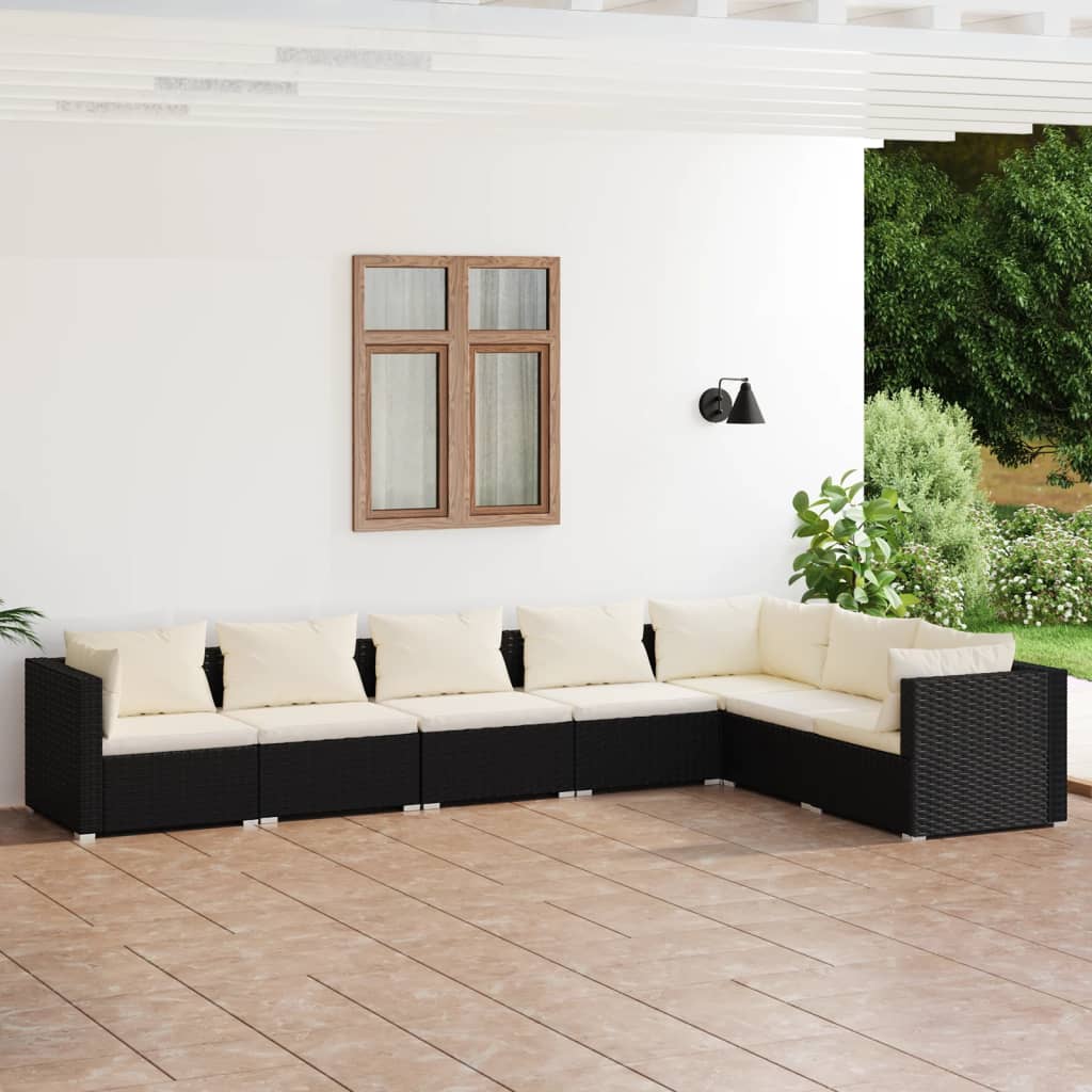 Vetonek Set de muebles de jardín 7 pzas y cojines ratán sintético negro