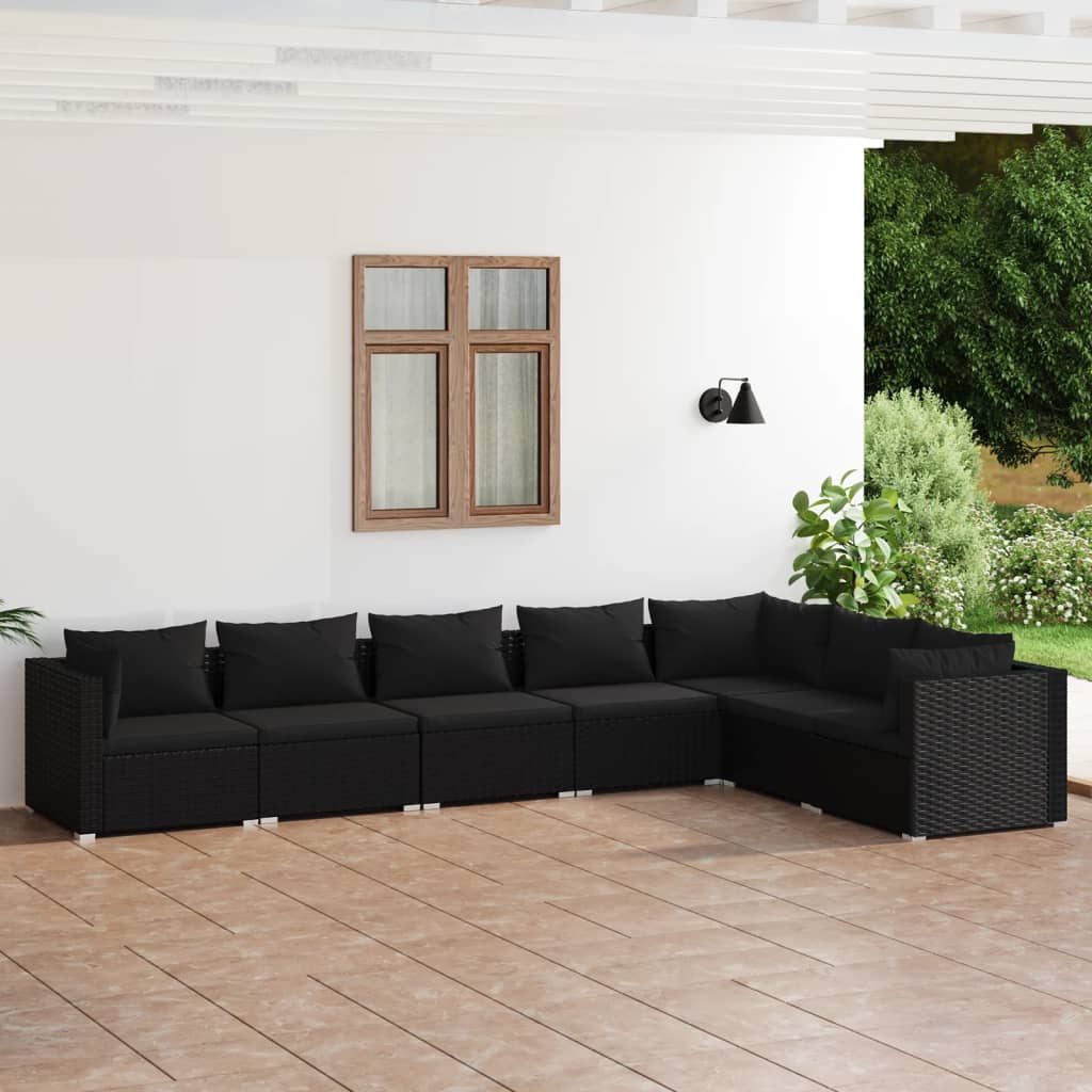 Vetonek Set de muebles de jardín 7 pzas y cojines ratán sintético negro