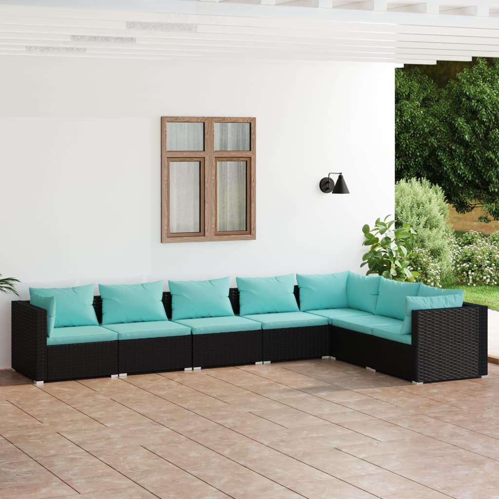 Vetonek Set de muebles de jardín 7 pzas y cojines ratán sintético negro