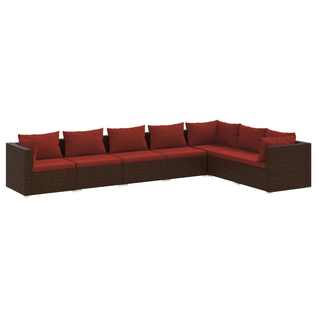 Set muebles de jardín 7 piezas y cojines ratán sintético marrón