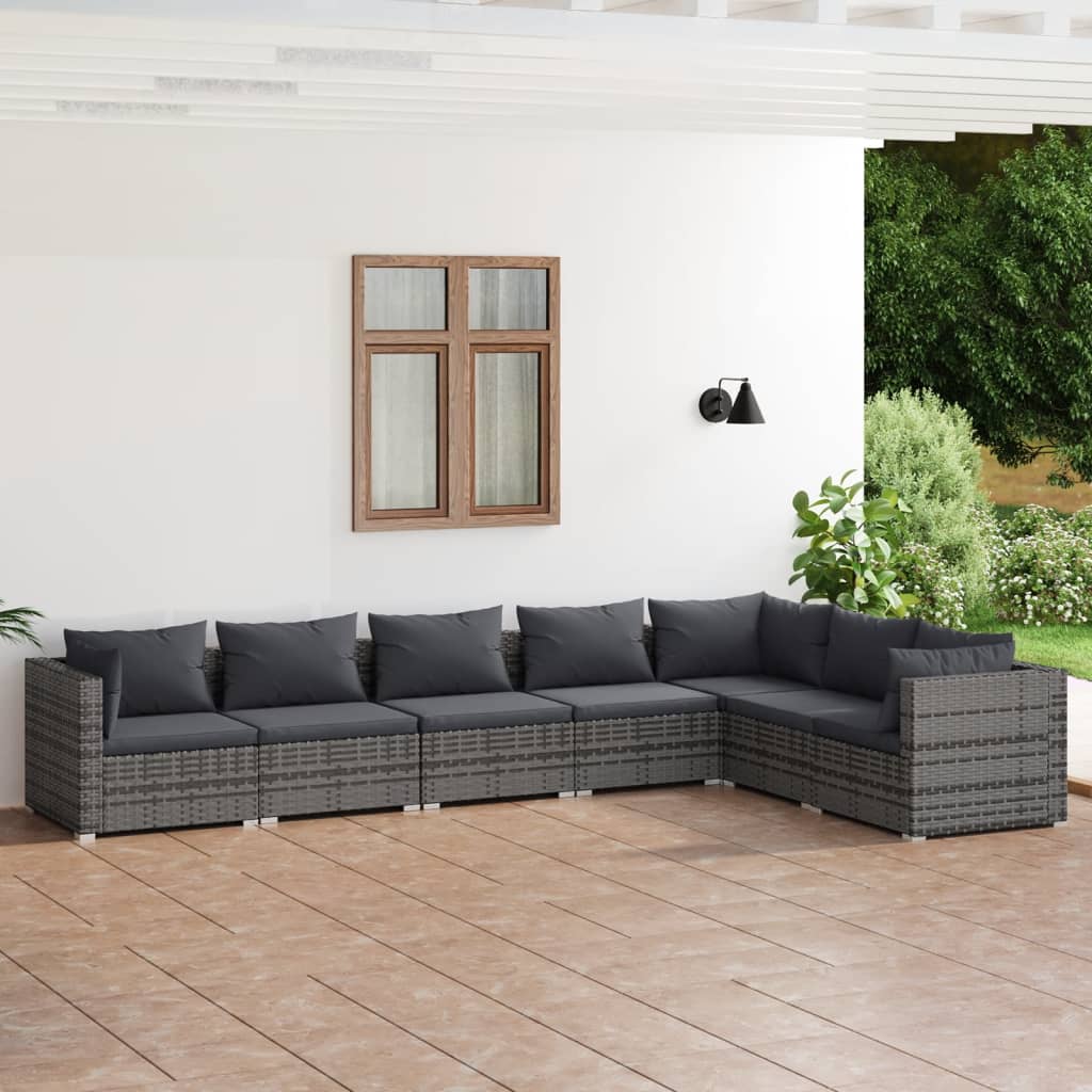 Vetonek Set de muebles de jardín 7 pzas y cojines ratán sintético gris