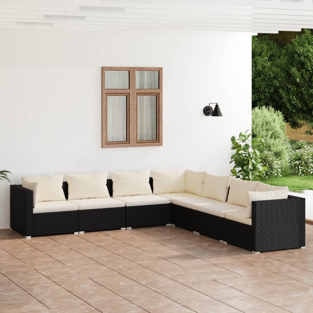 Vetonek Set de muebles de jardín 7 pzas y cojines ratán sintético negro