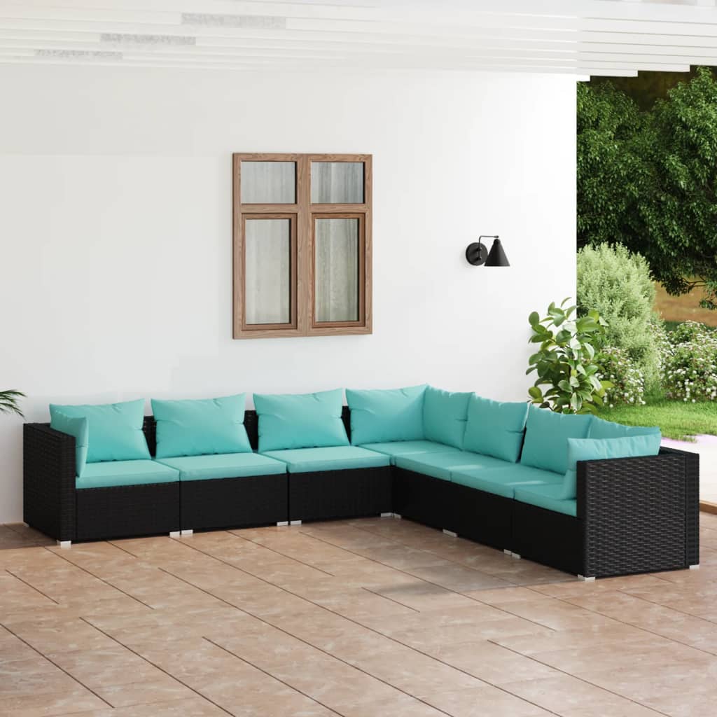 Vetonek Set de muebles de jardín 7 pzas y cojines ratán sintético negro