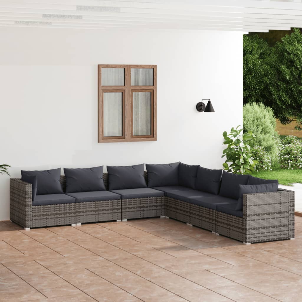 Vetonek Set de muebles de jardín 7 pzas y cojines ratán sintético gris