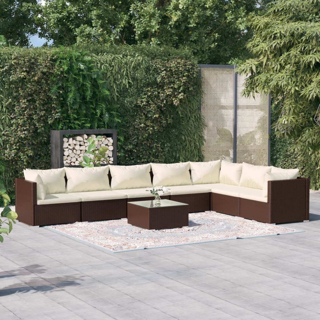 Vetonek Set muebles de jardín 8 piezas y cojines ratán sintético marrón