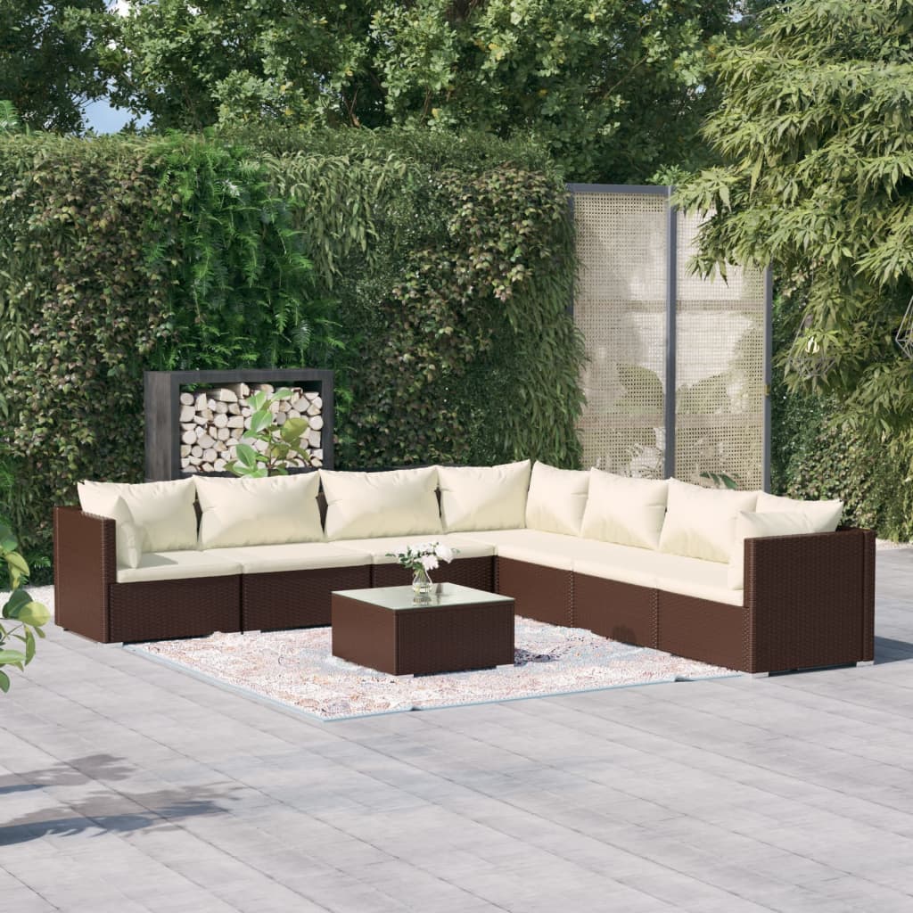 Vetonek Set muebles de jardín 8 piezas y cojines ratán sintético marrón