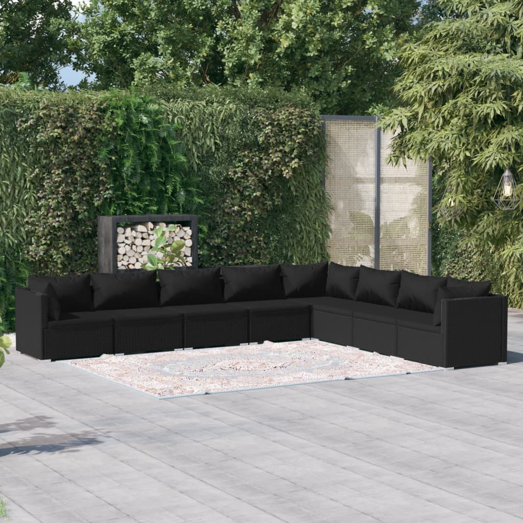 Vetonek Set de muebles de jardín 8 pzas y cojines ratán sintético negro