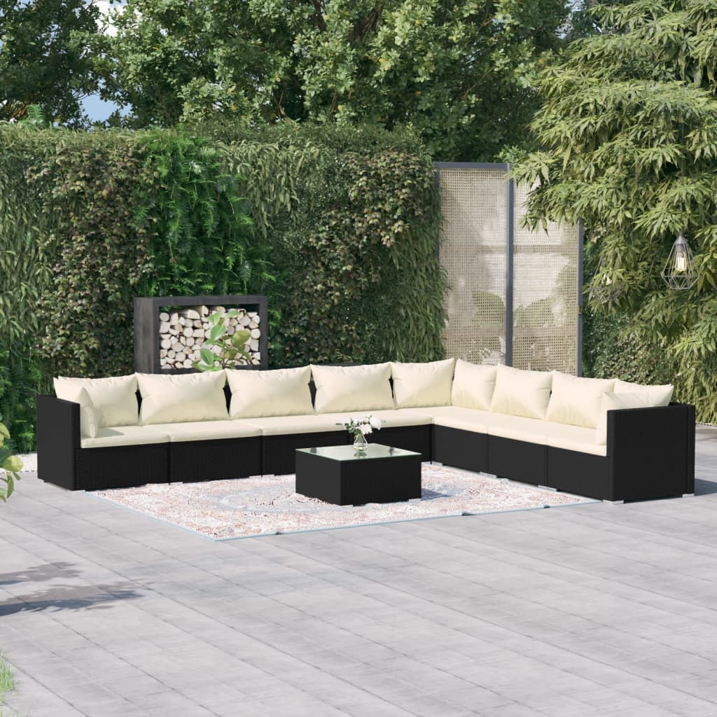 Vetonek Set muebles de jardín 9 pzas y cojines ratán sintético negro