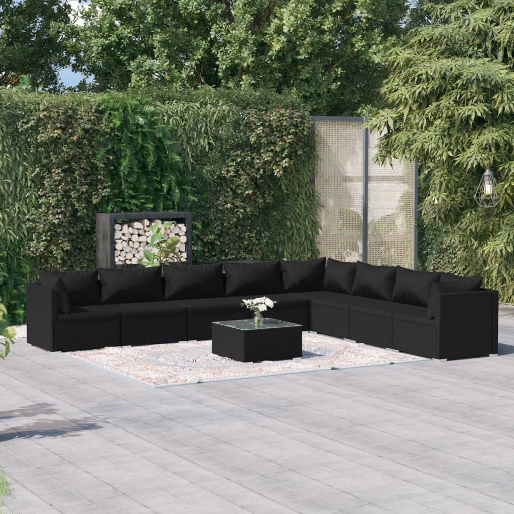 Vetonek Set de muebles de jardín 9 pzas y cojines ratán sintético negro