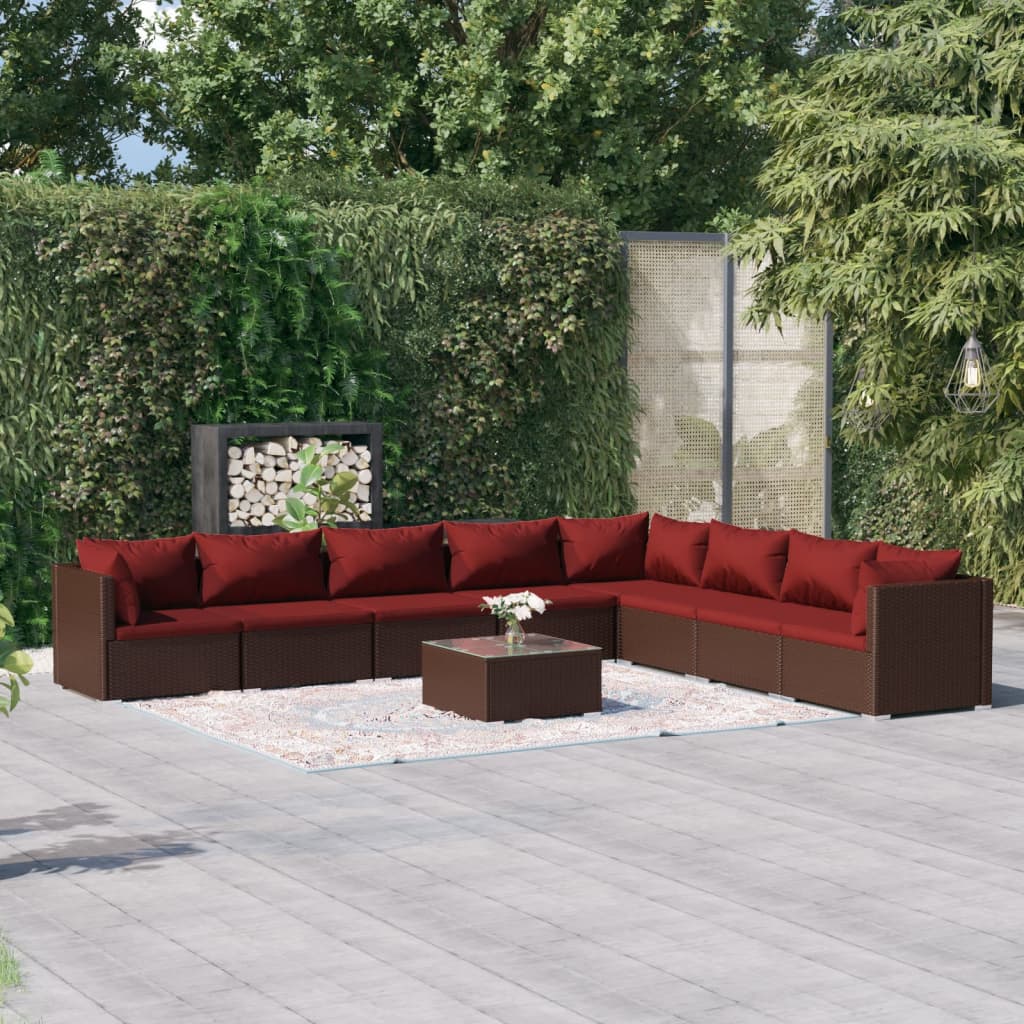 Vetonek Set muebles de jardín 9 piezas y cojines ratán sintético marrón