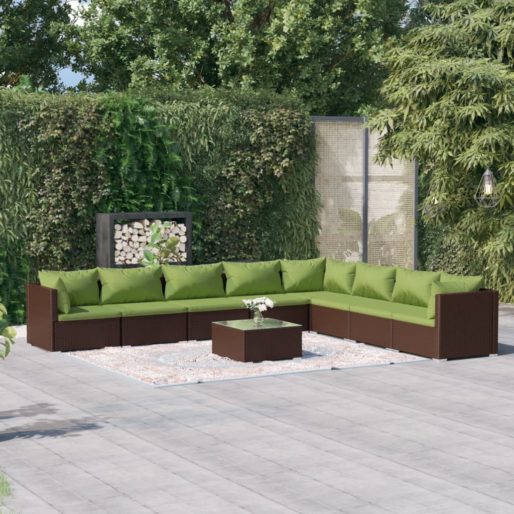 Vetonek Set muebles de jardín 9 piezas y cojines ratán sintético marrón