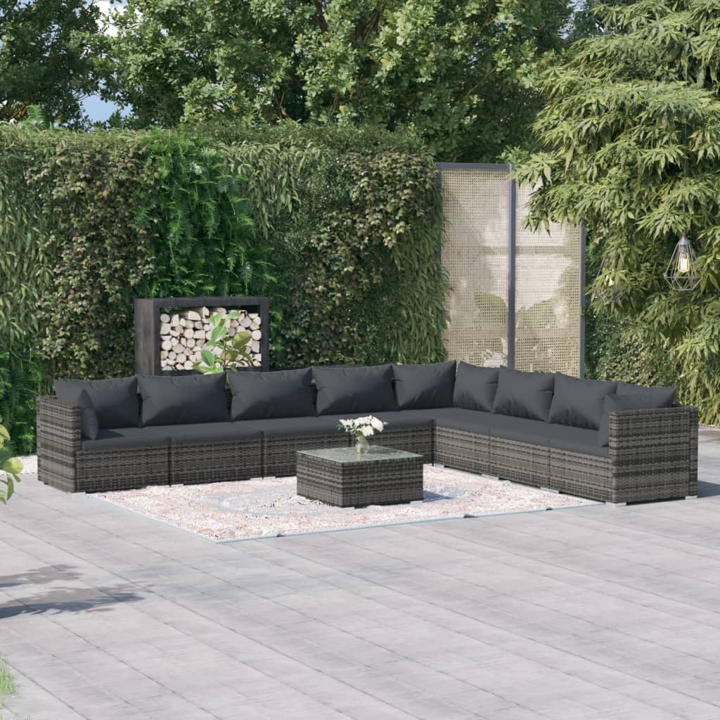 Vetonek Set de muebles de jardín 9 pzas y cojines ratán sintético gris