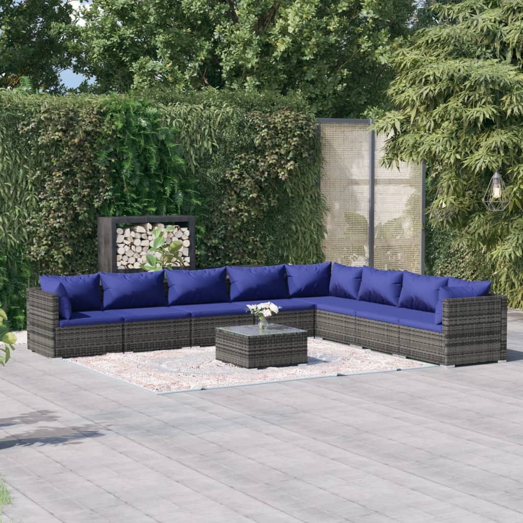 Vetonek Set de muebles de jardín 9 pzas y cojines ratán sintético gris