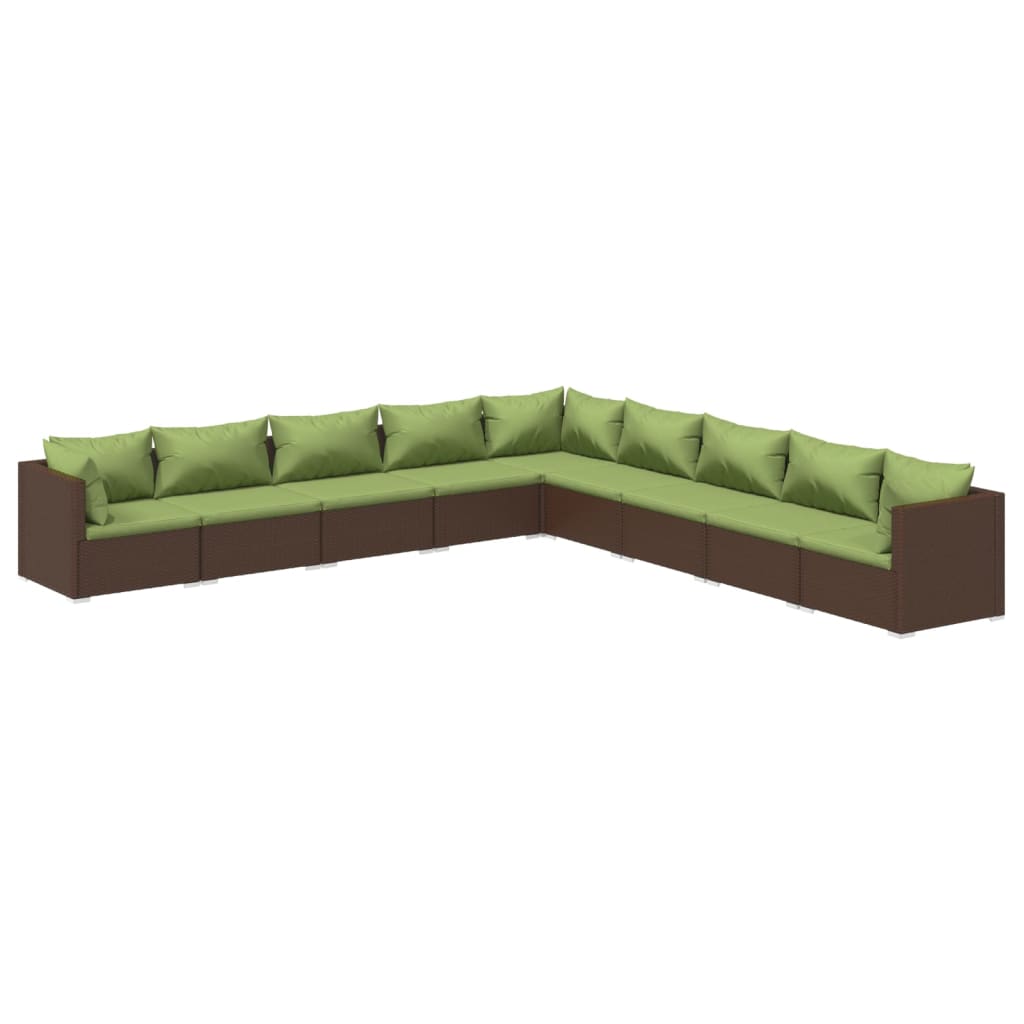 Set muebles de jardín 9 piezas y cojines ratán sintético marrón