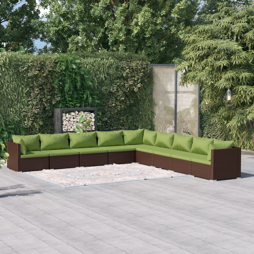 Set muebles de jardín 9 piezas y cojines ratán sintético marrón