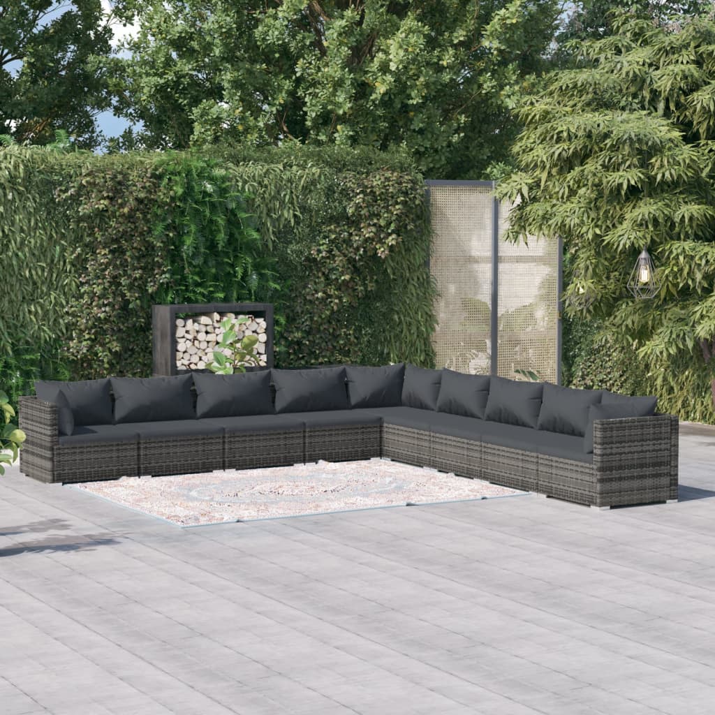 Vetonek Set de muebles de jardín 9 pzas y cojines ratán sintético gris