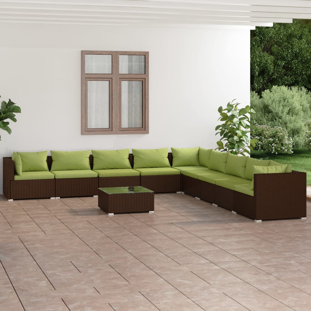 Vetonek Set muebles de jardín 10 pzas y cojines ratán sintético marrón